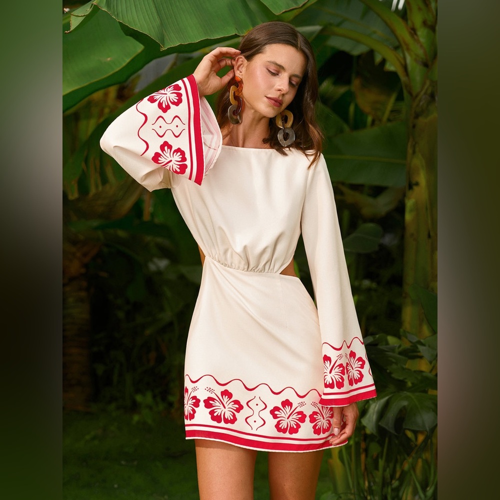 Commense Cream Long Sleeve Mini Dress with Red Floral Trim